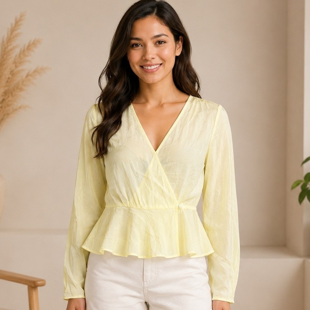 NWT Madewell Wrap Peplum Top Women 4 Yellow Long Sleeve V-Neck Chic Lightweight